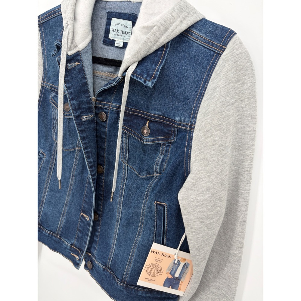 Wax Jean Hooded Denim Jacket Womens Large Blue Gray Sweatshirt Sleeves Button Up